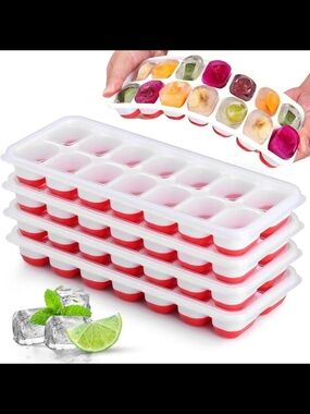 Stackable Silicone Ice Cube Trays with White Lids and Red Bases
